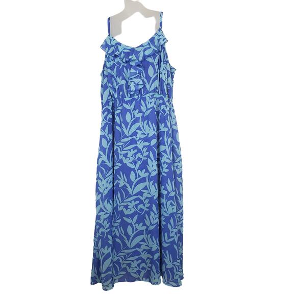 Lane Bryant Blue Floral Chiffon Ruffled V Neck Elastic Waist Maxi Dress 26/28 - Picture 1 of 5